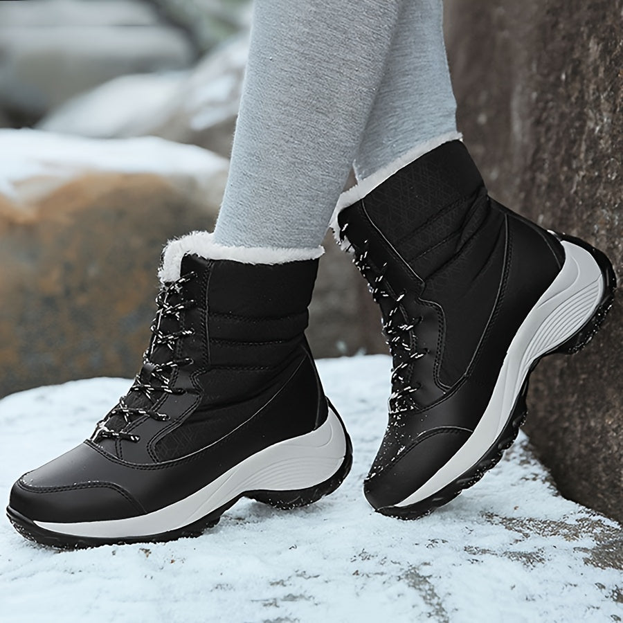 Women's Faux Fur Snow Boots Waterproof Anti-slip Lace-up Warm Mid Calf