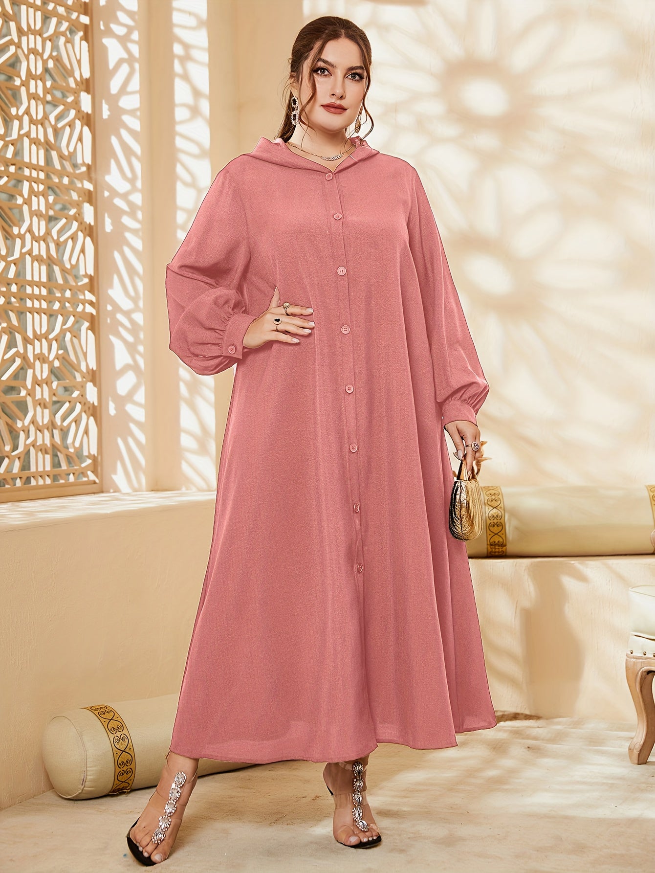  Solid Button Up Maxi Hooded Shirt Dress