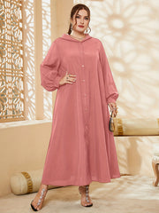  Solid Button Up Maxi Hooded Shirt Dress