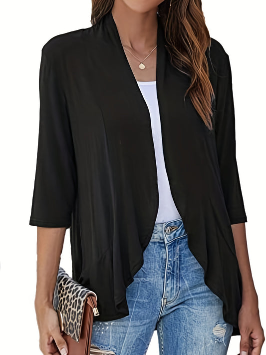 Solid Half Sleeve Open Front Ruffle Trim Cardigan