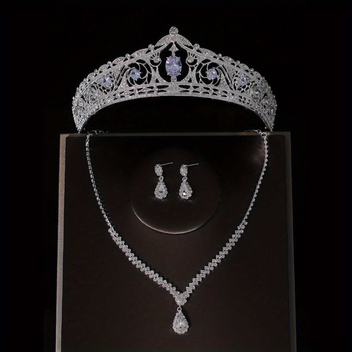 3pcs Crystal Bridal Crown Necklace Earrings Set