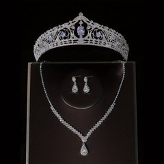 3pcs Crystal Bridal Crown Necklace Earrings Set