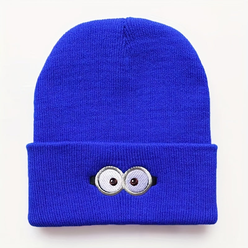 Anime Eyes Glasses Embroidery Wool Beanie Hat, Windproof Knit Cap