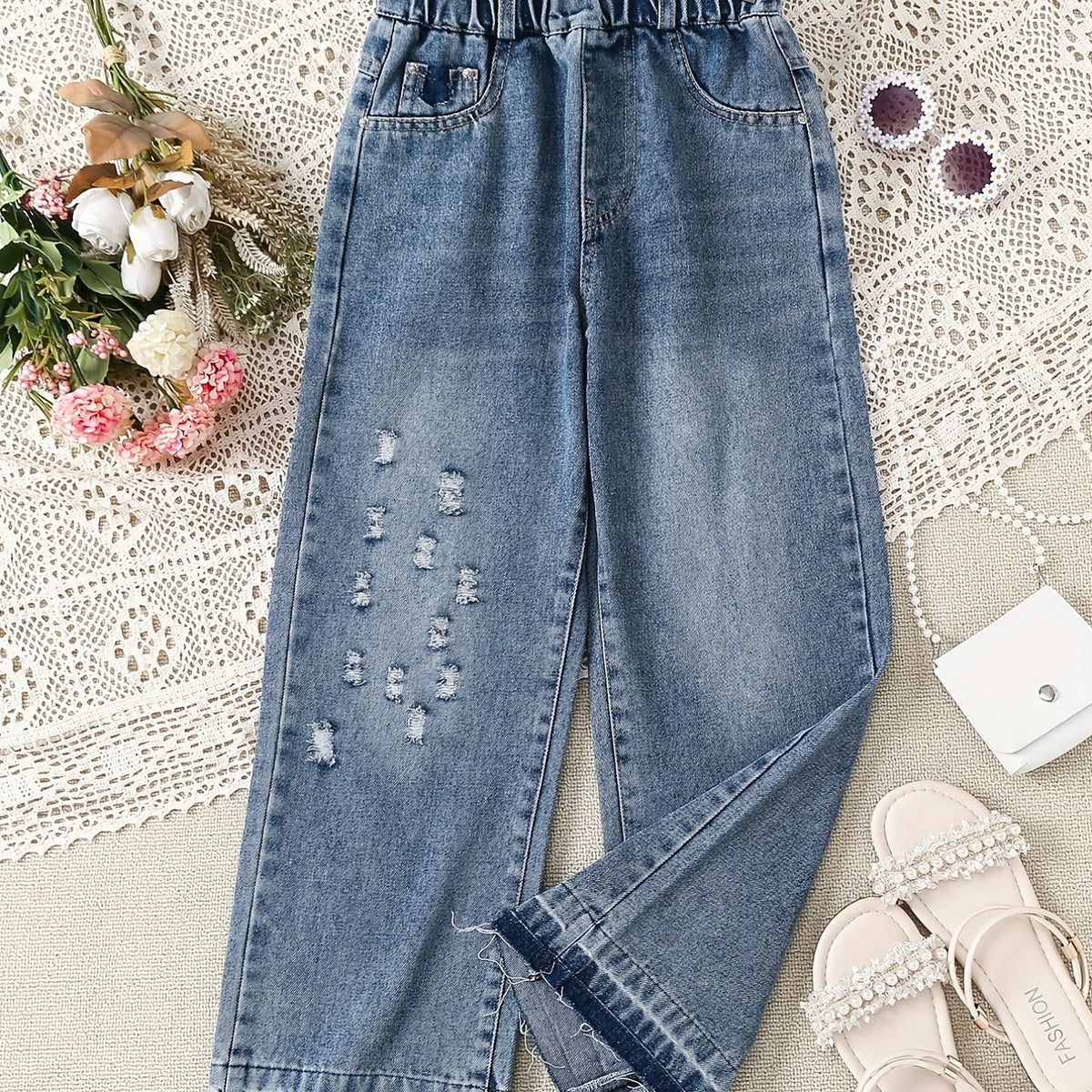 Girls' High Waist Ripped Jeans Straight Leg Denim Pants