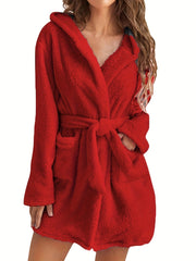  Long Sleeve Hooded Fleece Bathrobe With Pockets