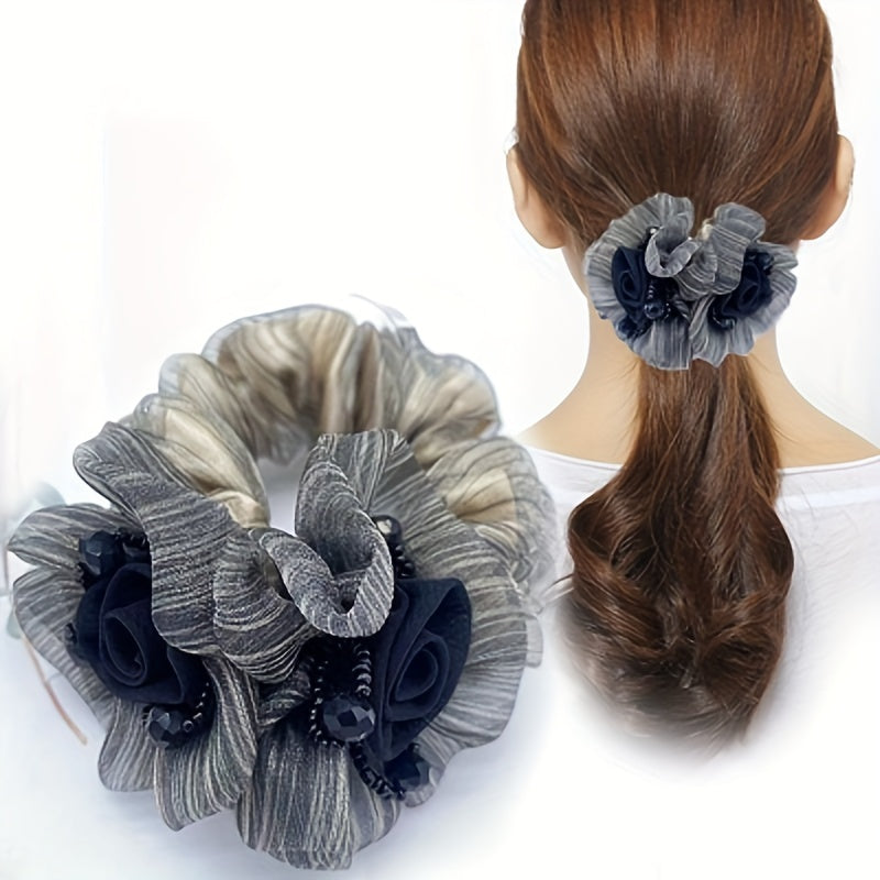 Vintage Mesh Flower Beaded Hair Scrunchie Ponytail Holder