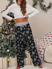  Snowflake Print Drawstring Wide Leg Trousers