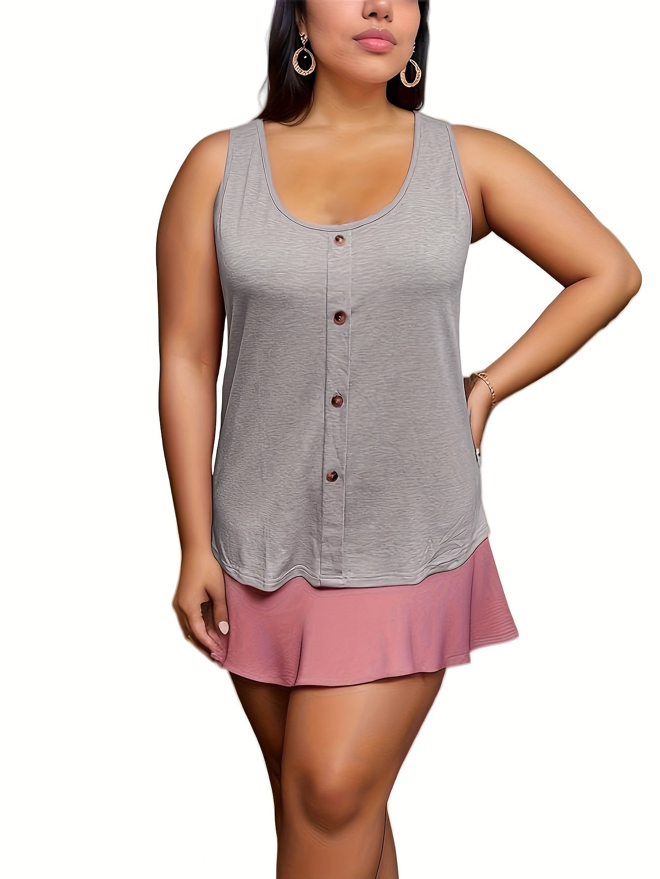  Casual Tank Top Women's Plus Solid Button Decor Round Neck Tank Top