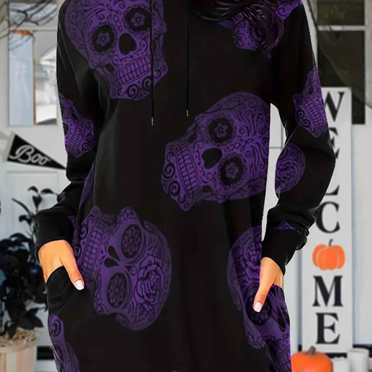  Gothic Skull Print Long Sleeve Dress