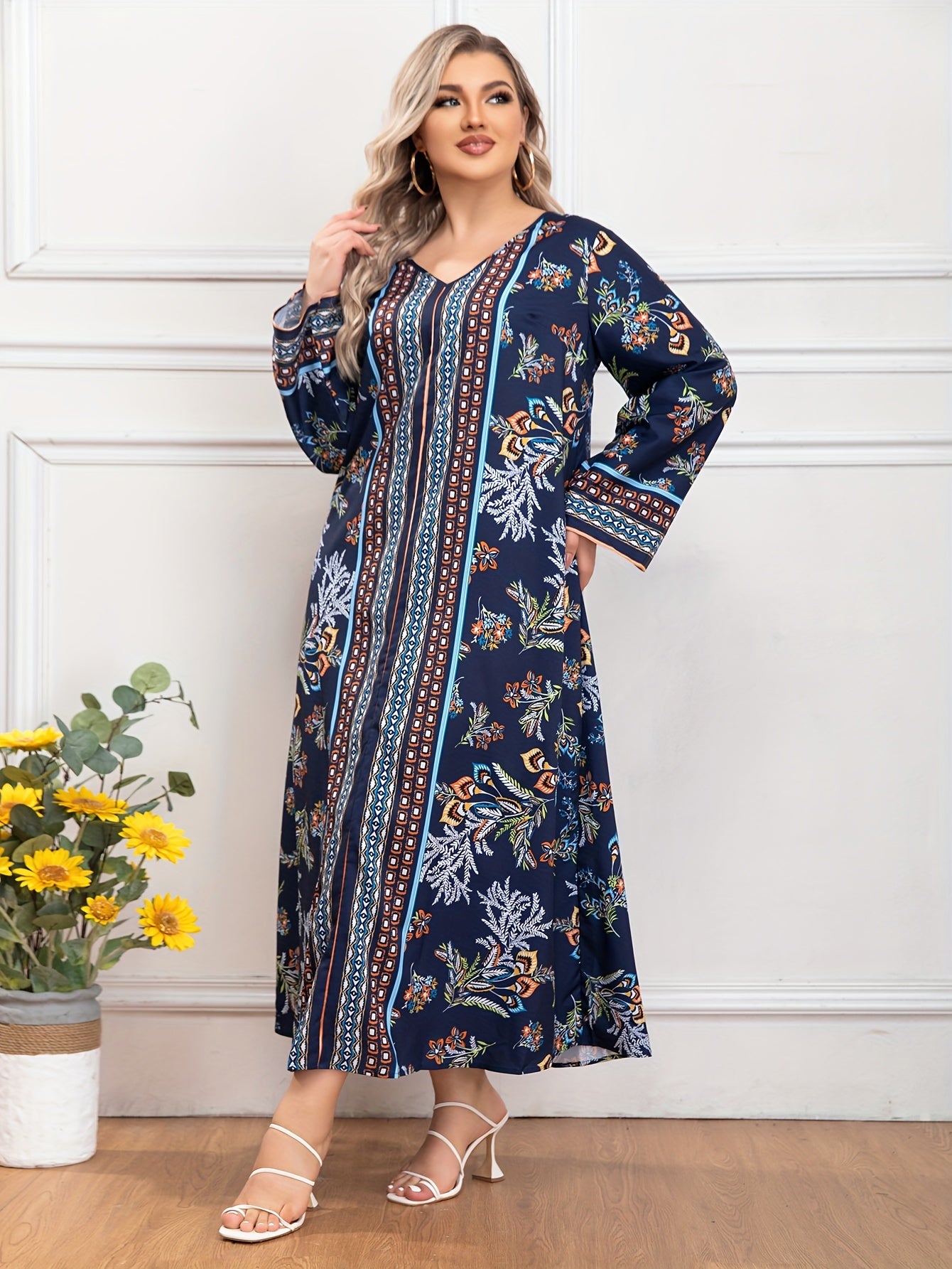  Colorblock Floral Print V Neck Maxi Dress