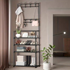 Entryway Coat Rack Shoe Rack with Storage Shelves & 8 Double Hooks