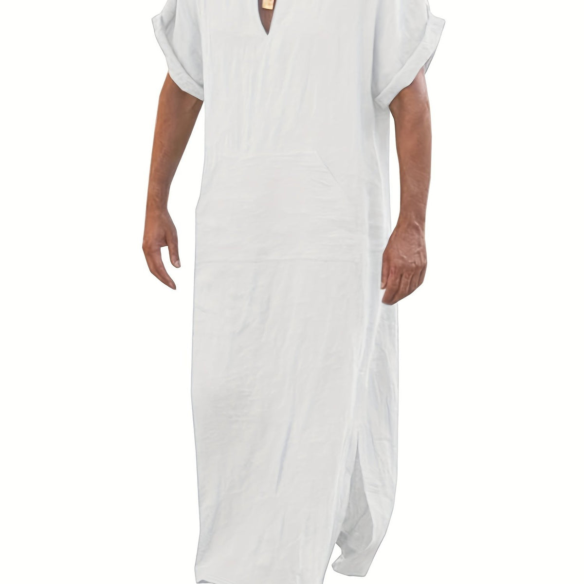 Vintage Islamic Arabic Kaftan For Men Short Sleeve Hooded V Neck Muslim Clothes