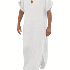 Vintage Islamic Arabic Kaftan For Men Short Sleeve Hooded V Neck Muslim Clothes
