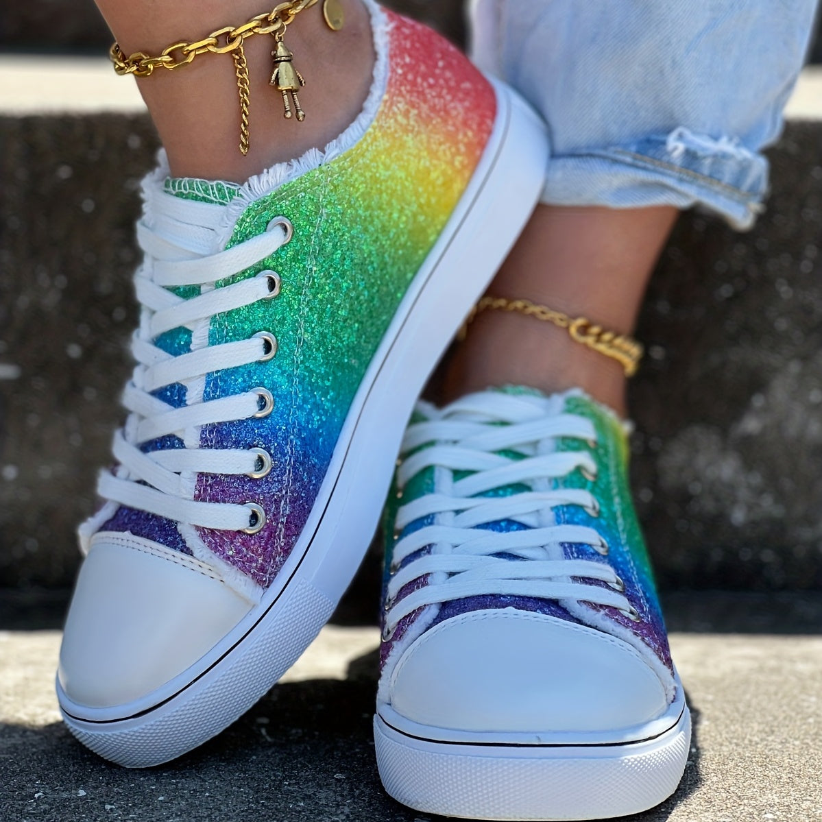 Glitter Rainbow Print Canvas Shoes Lace Up Outdoor Low Top Sneakers