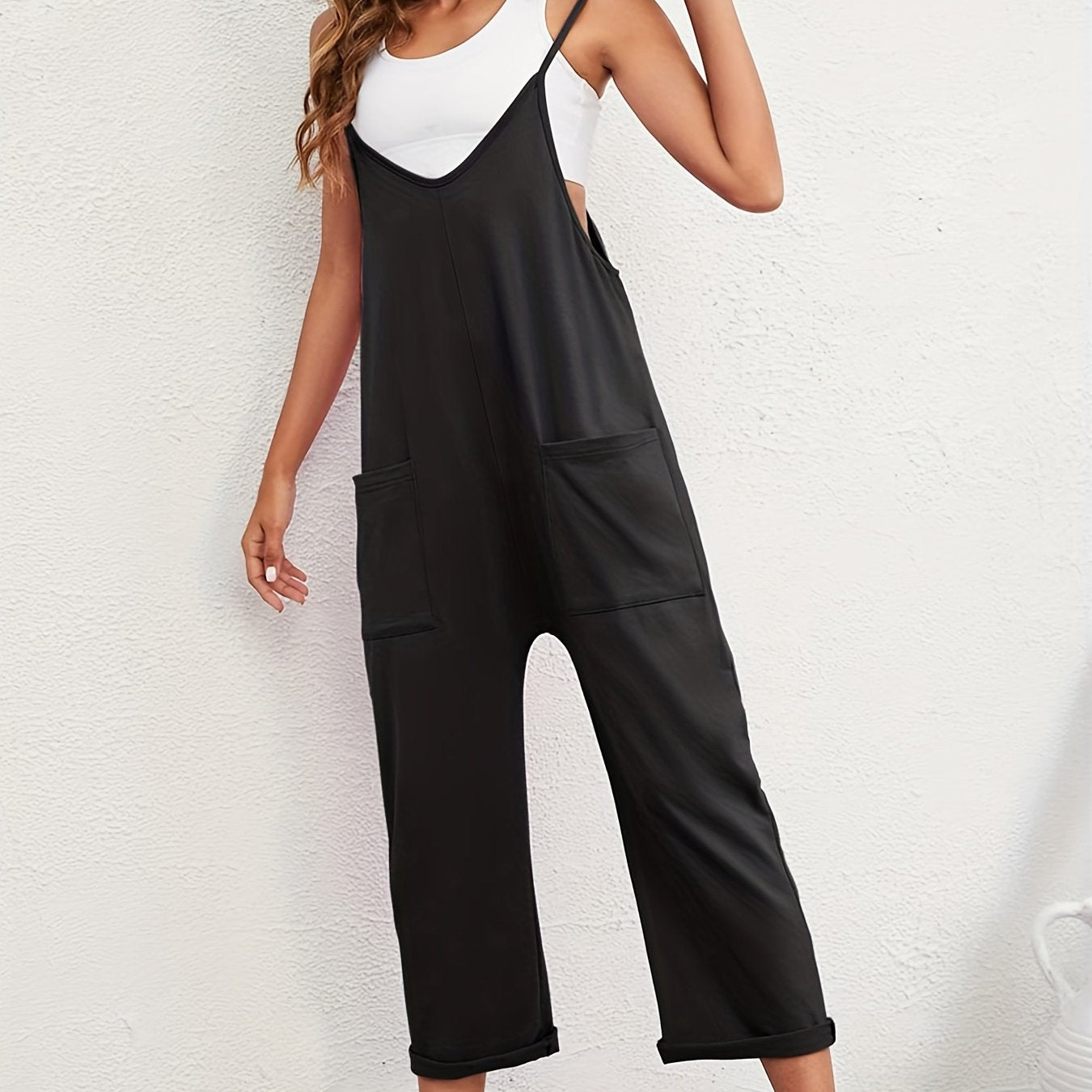 Boho Spaghetti Solid Pockets Jumpsuit Casual Sleeveless Long Length Wide Leg