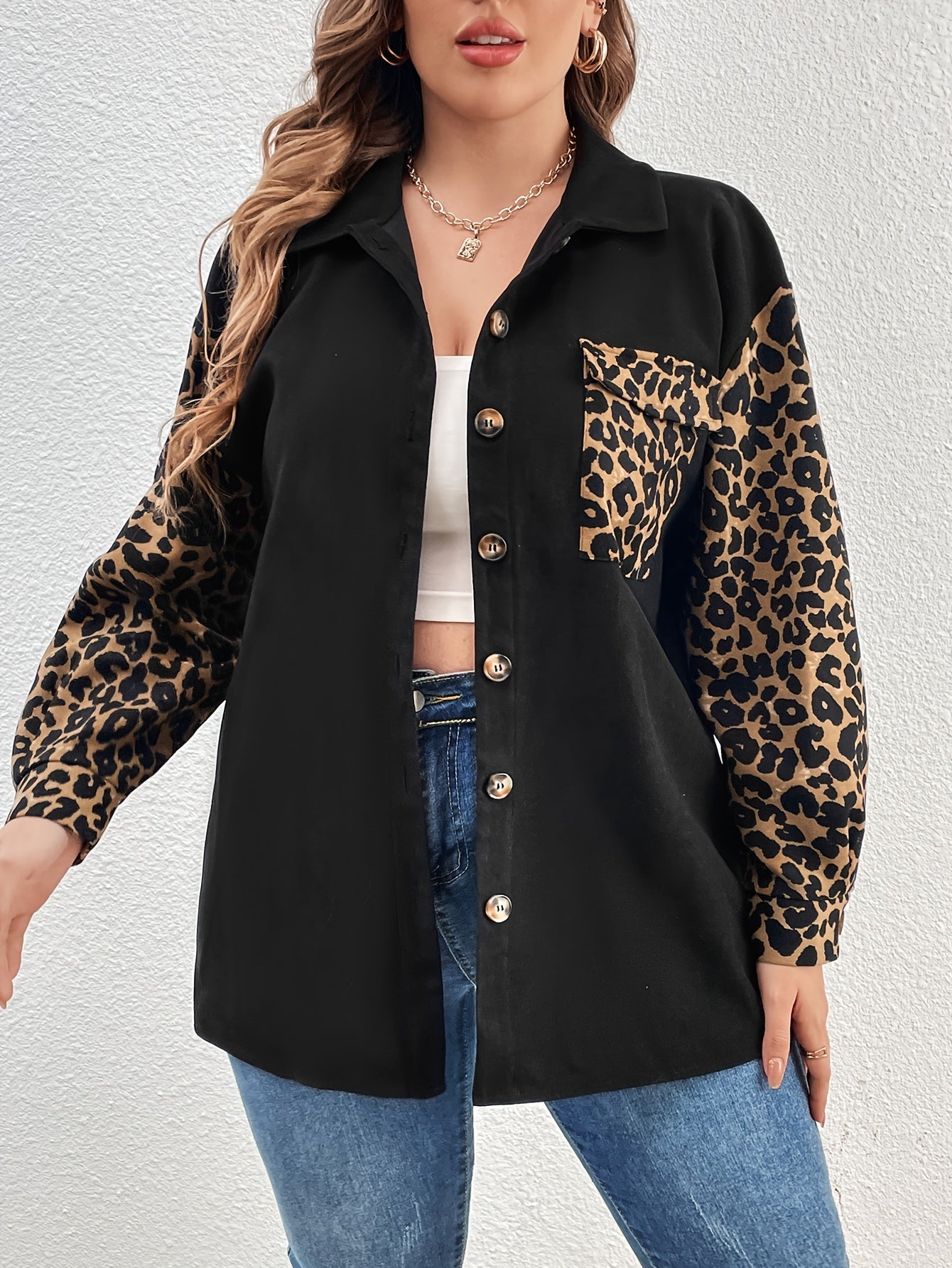  Colorblock Leopard Print Long Sleeve Blouse