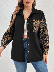 Colorblock Leopard Print Long Sleeve Blouse