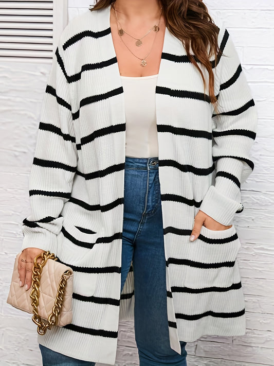  Stripe Print Open Front Cardigan With Pockets