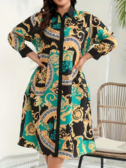  Paisley Print Long Sleeve Button Up Shirt Dress With Belt