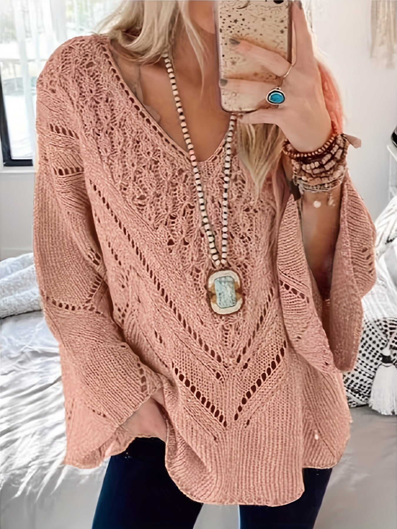 V Neck Hollow Out Solid Knit Sweater Long Sleeve