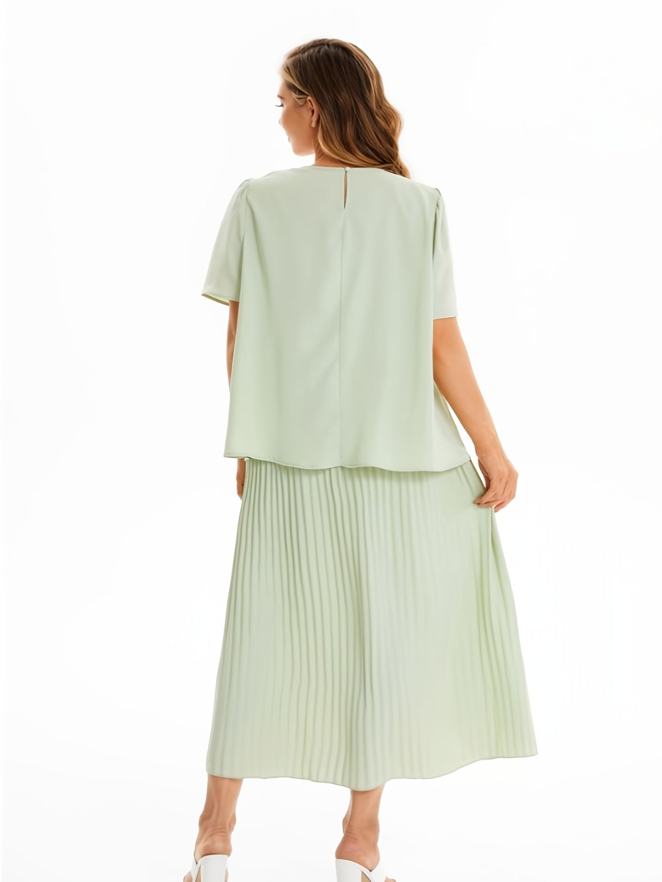  Lace Short Sleeve Tops & Pleated Maxi Skirt Set 2pcs Outfit