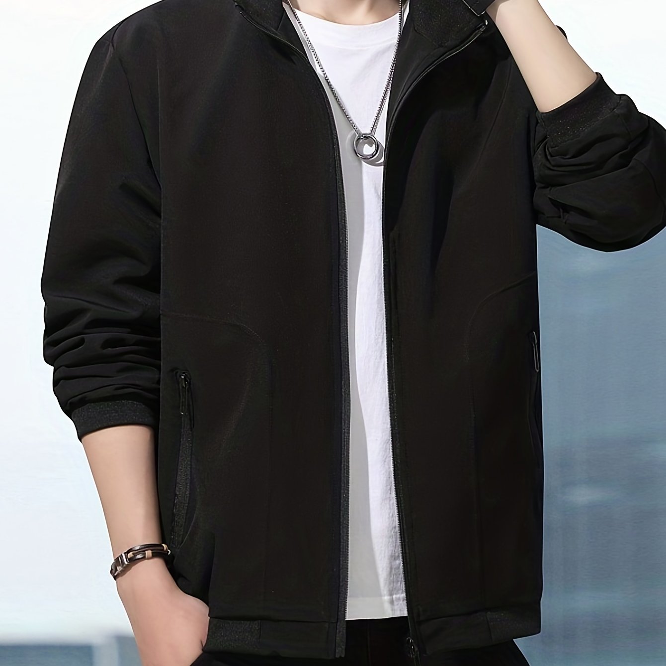 Men's Casual Baseball Jacket Stand Collar Zip Up Coat Hipster Streetwear