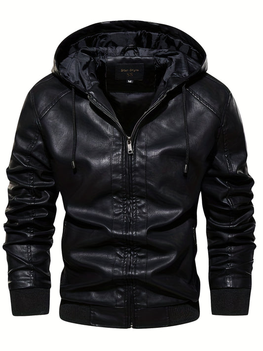 Men's PU Hooded Jacket Zip Up Leather Jacket Spring Fall