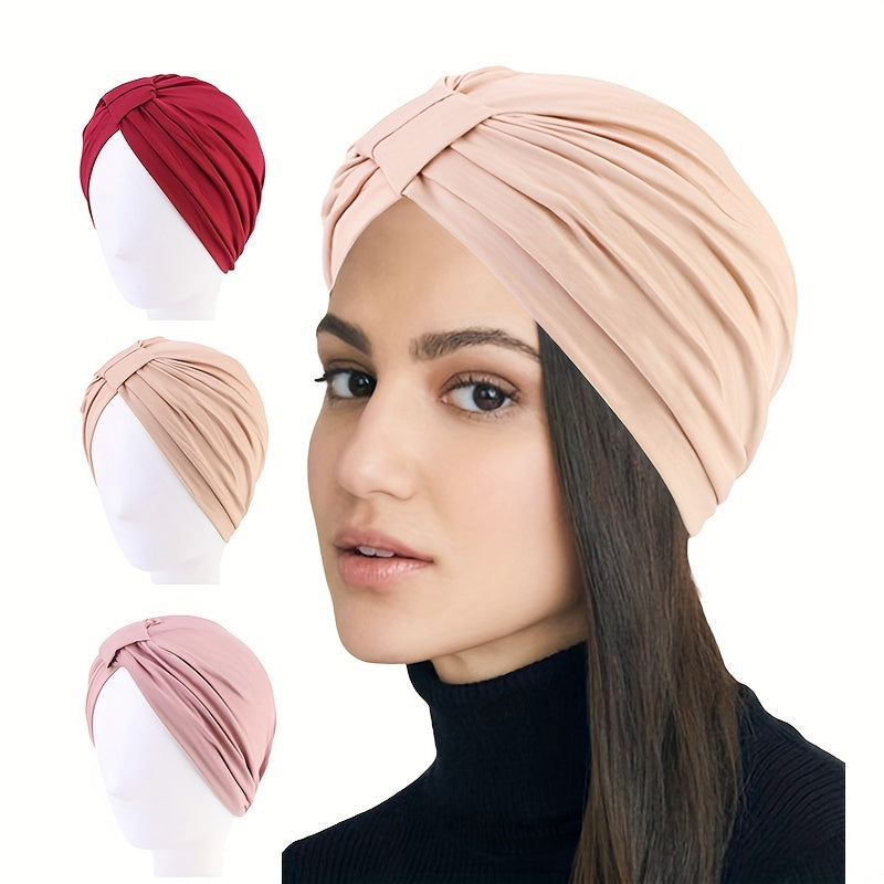 Pleated Bowknot Turban Cap Solid Elastic Head Wrap Bonnet Head Scarf