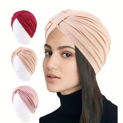 Pleated Bowknot Turban Cap Solid Elastic Head Wrap Bonnet Head Scarf