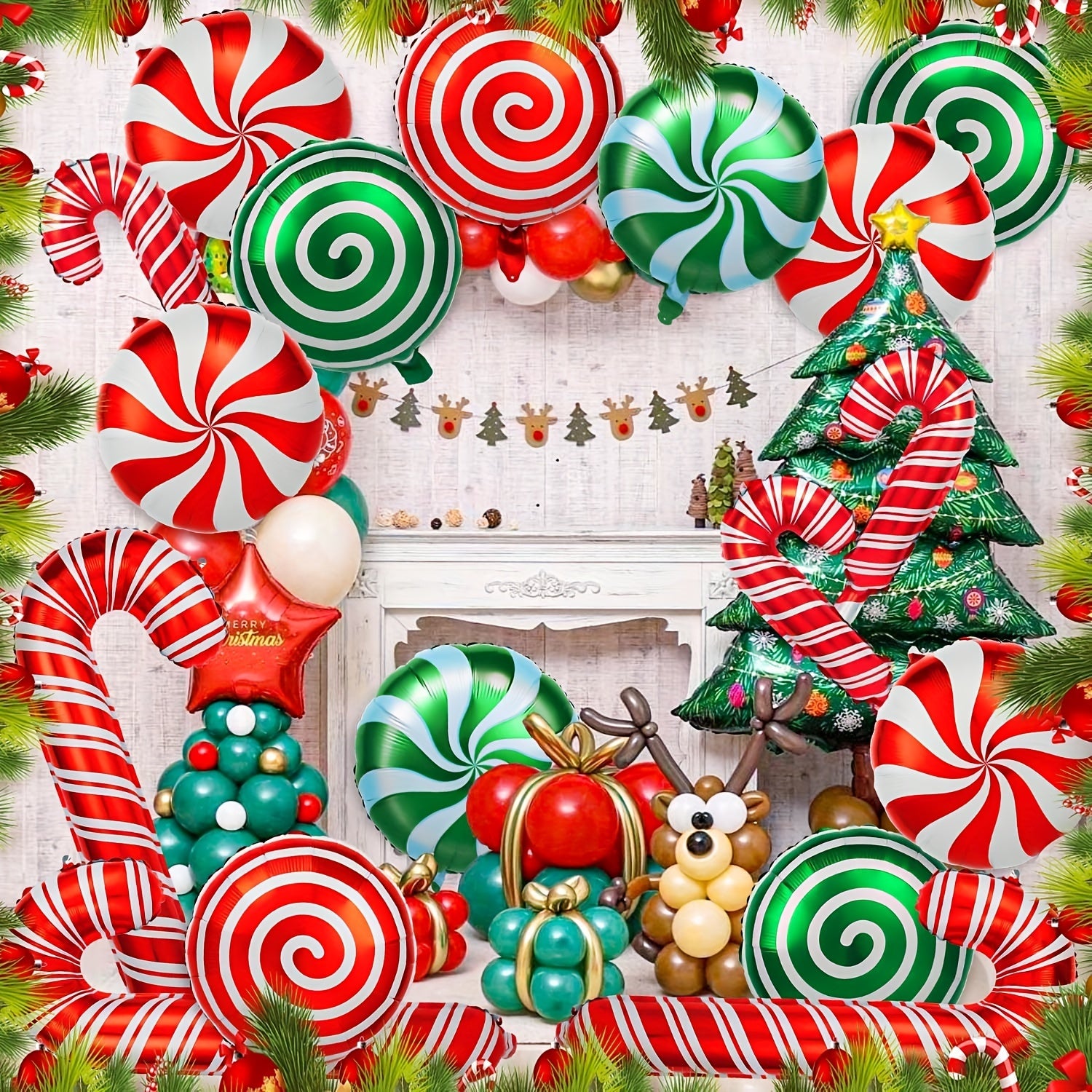 36pcs Christmas Candy Balloons Kit Large Swirl Cane Candy Foil Balloons