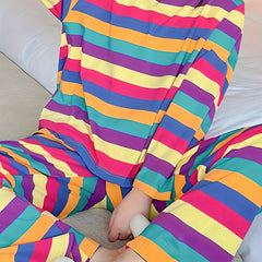 Rainbow Stripe Pajama Set Long Sleeve Top & Lounge Pants Women's Sleepwear