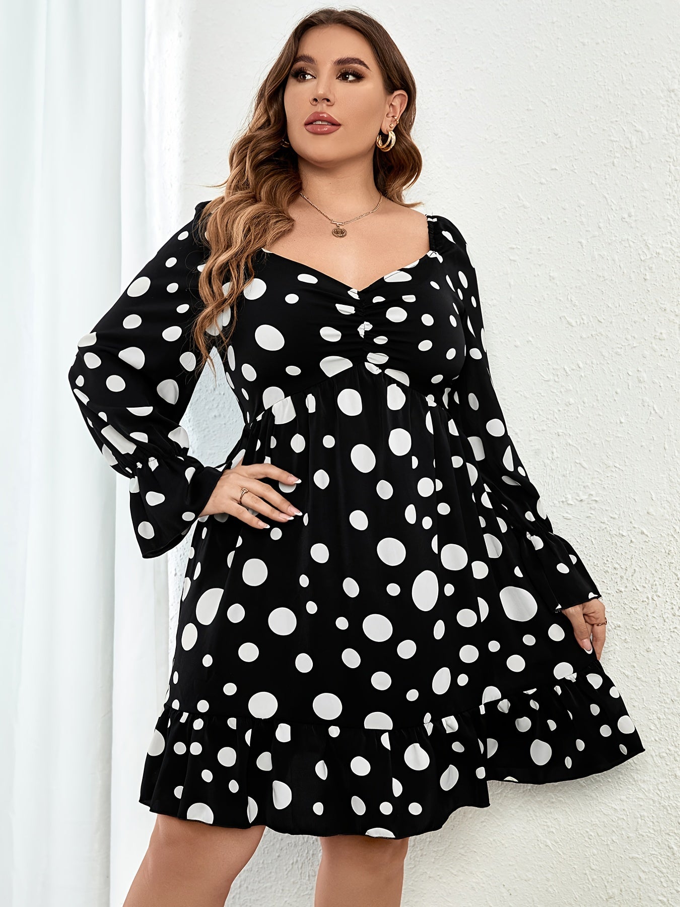 Polka Dot Print Shirred Midi Dress