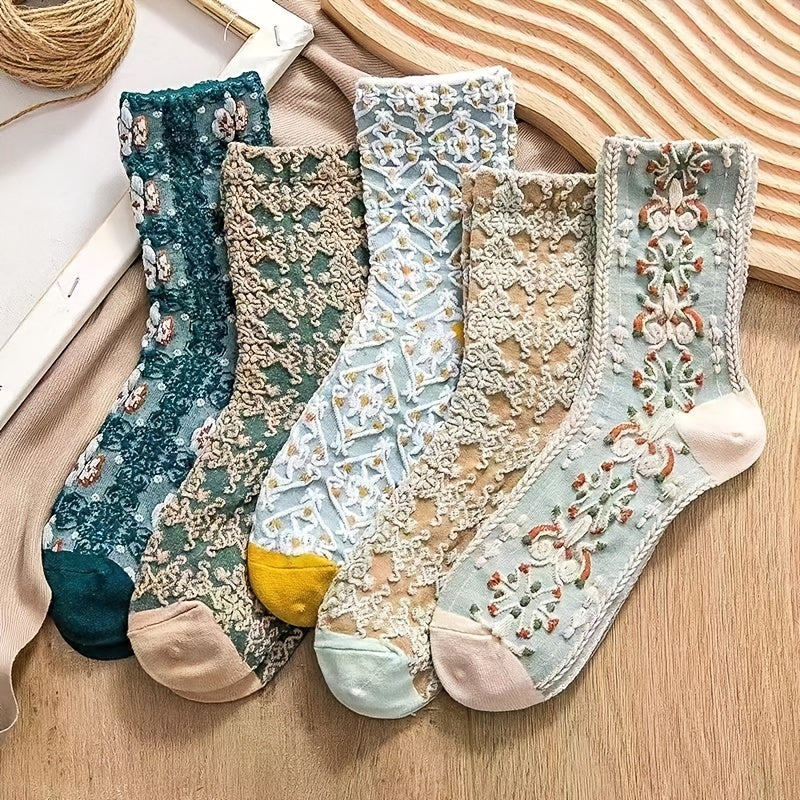 5 Pairs Vintage Ethnic Floral Socks for Women