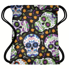 Halloween Flower Skull Drawstring Backpack Ghost Skull Elf Pattern
