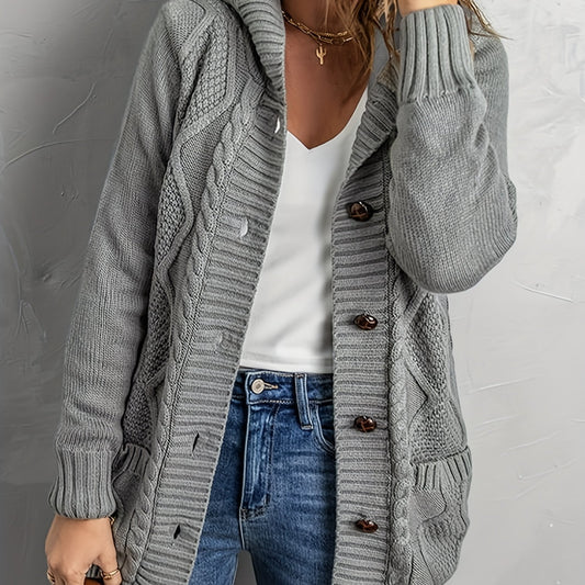  Hooded Cardigan Button-Up Long Sleeve with Pockets