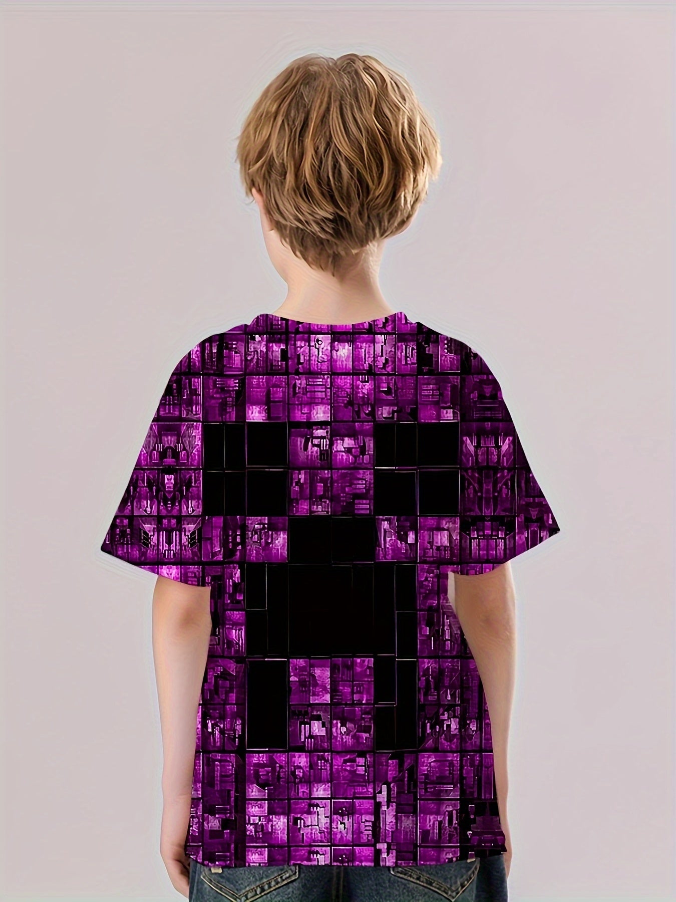 Purple Cubes Print Kid's T shirt Casual Short Sleeve Top Unisex Tee