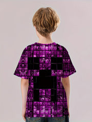 Purple Cubes Print Kid's T shirt Casual Short Sleeve Top Unisex Tee