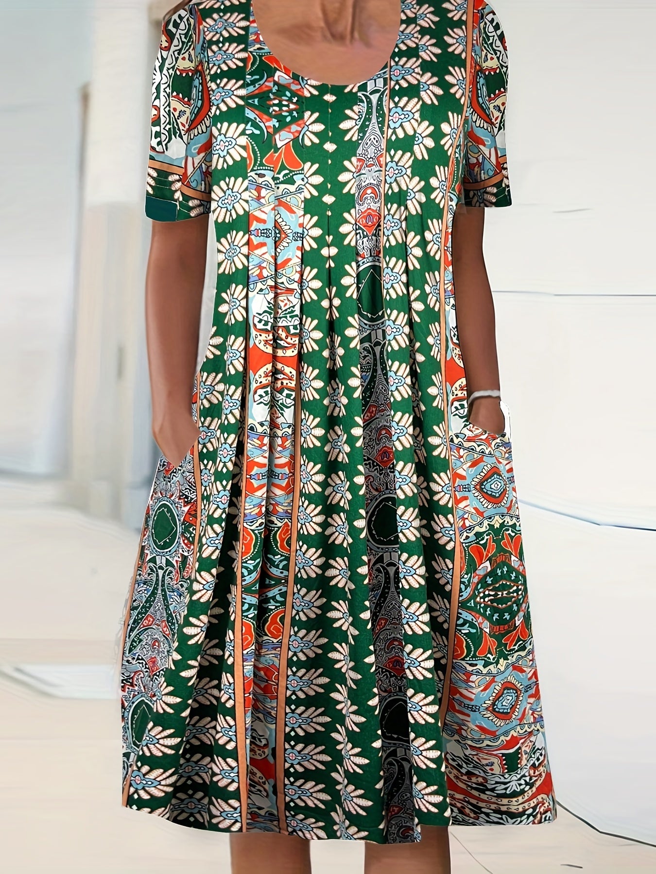  Floral Print Short Sleeve Ruched Dress With Pockets