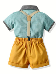 2pcs Toddler Boys Gentleman Outfit Short Sleeve Button Pocket Bowtie Shirt & Sho