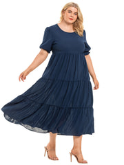  Solid Pleated Cami Dress Women's Short Sleeve Long Dress