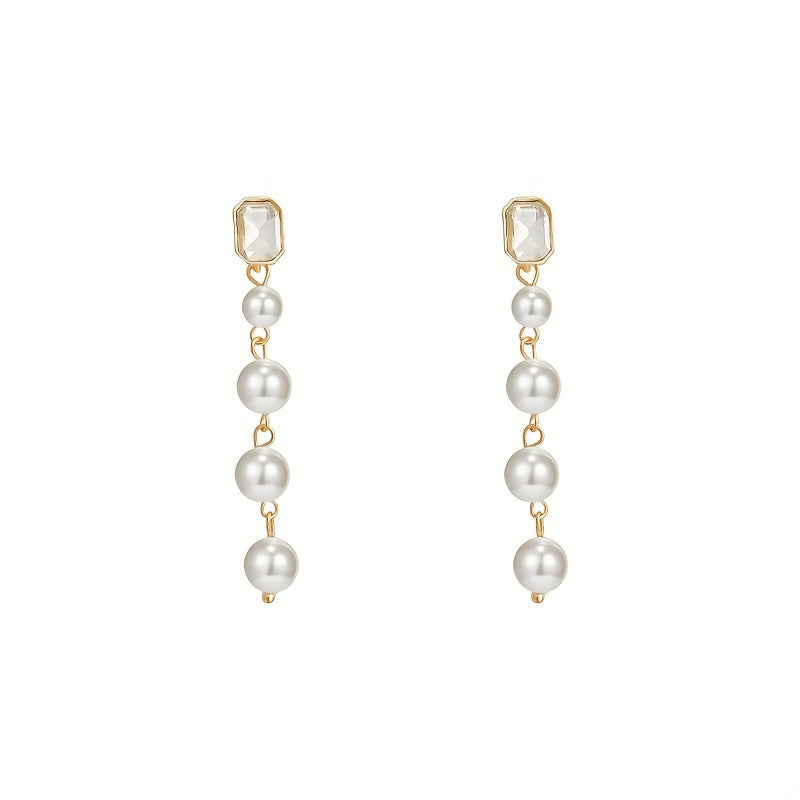 Zircon Faux Pearl Decor Chain Long Dangle Earrings Wedding Jewelry