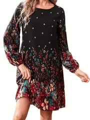  Women's Floral Print Lantern Sleeve Dress