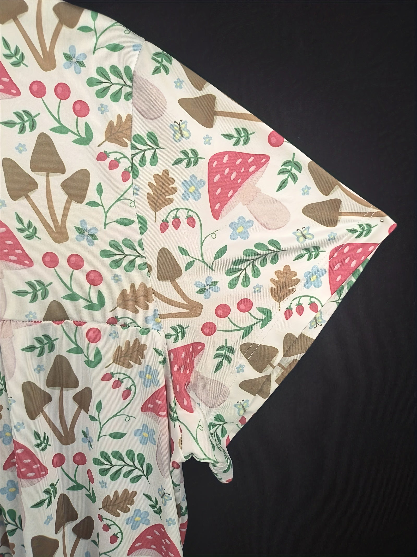  Mushroom & Leaf Print Dress Short Sleeve