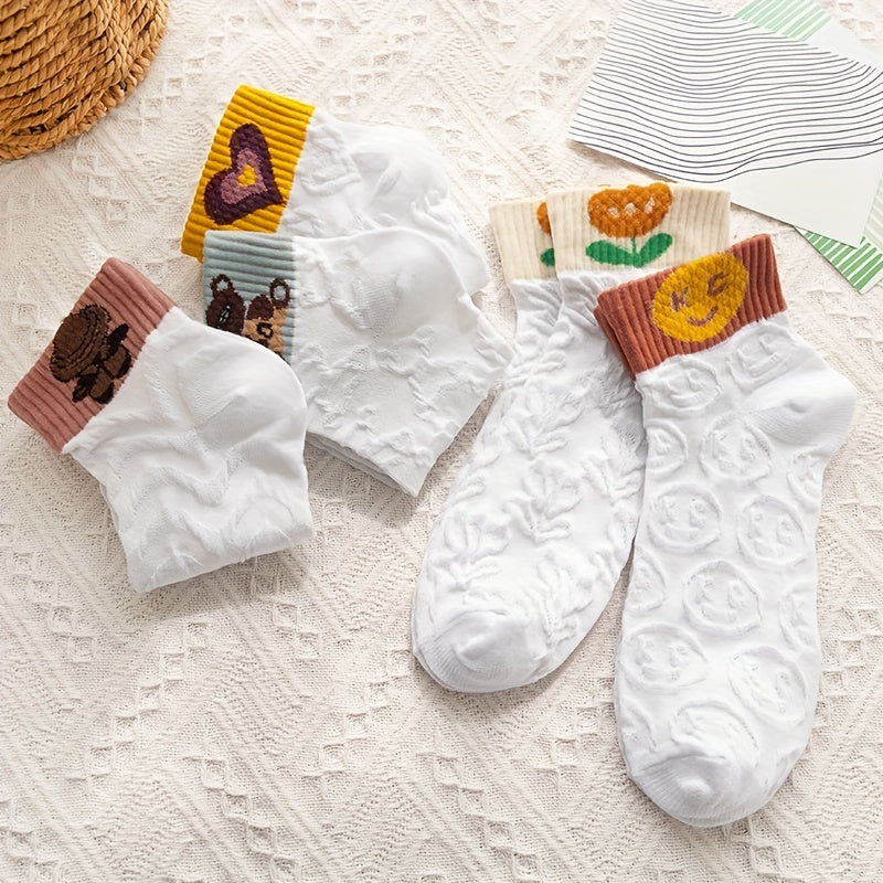 5 Pairs Cartoon Print Socks & 3D Textured Short Socks Women's Stockings