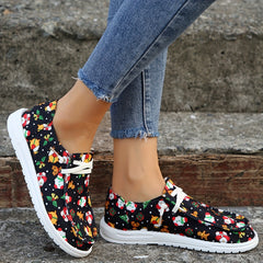 Women's Christmas Printed Lace up Non slip Sneakers Low Slip On Walking Shoes