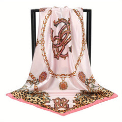 Leopard Chain Print Bandana Satin Square Head Scarf Solid Shawl