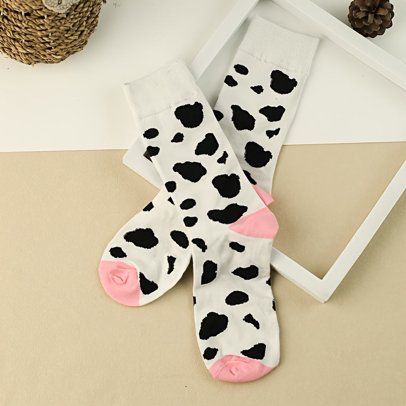 3 Pairs Cow Spot Print Socks Comfy Mid Tube Women's Stockings