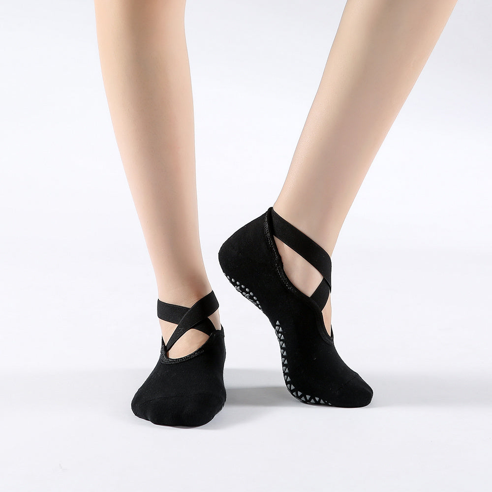 Non Slip Towel Bottom Socks Cross Lace for Yoga Pilates