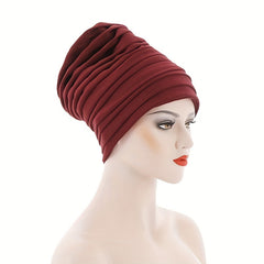 Layered Pleated Turban Cap Elastic Head Wrap Solid Ramadan Head Scarf