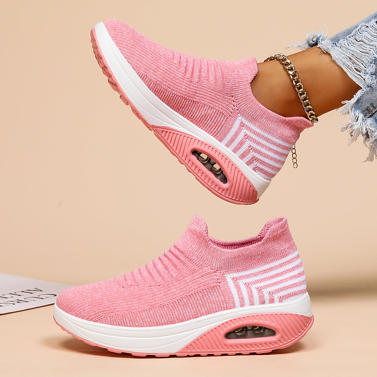 Women's Knit Slip On Sneakers Air Cushion Sole Low Top Sport Shoes